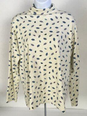 Bobbie Brooks Turtle Neck Top Size XL Off White w Blue Purple Leaves Long Sleeve